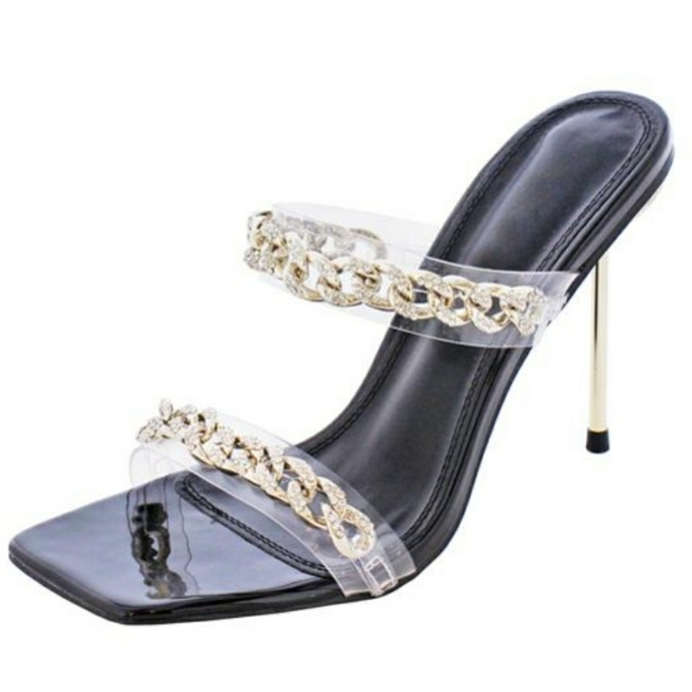 Clear Chain Strap Stiletto Mules
